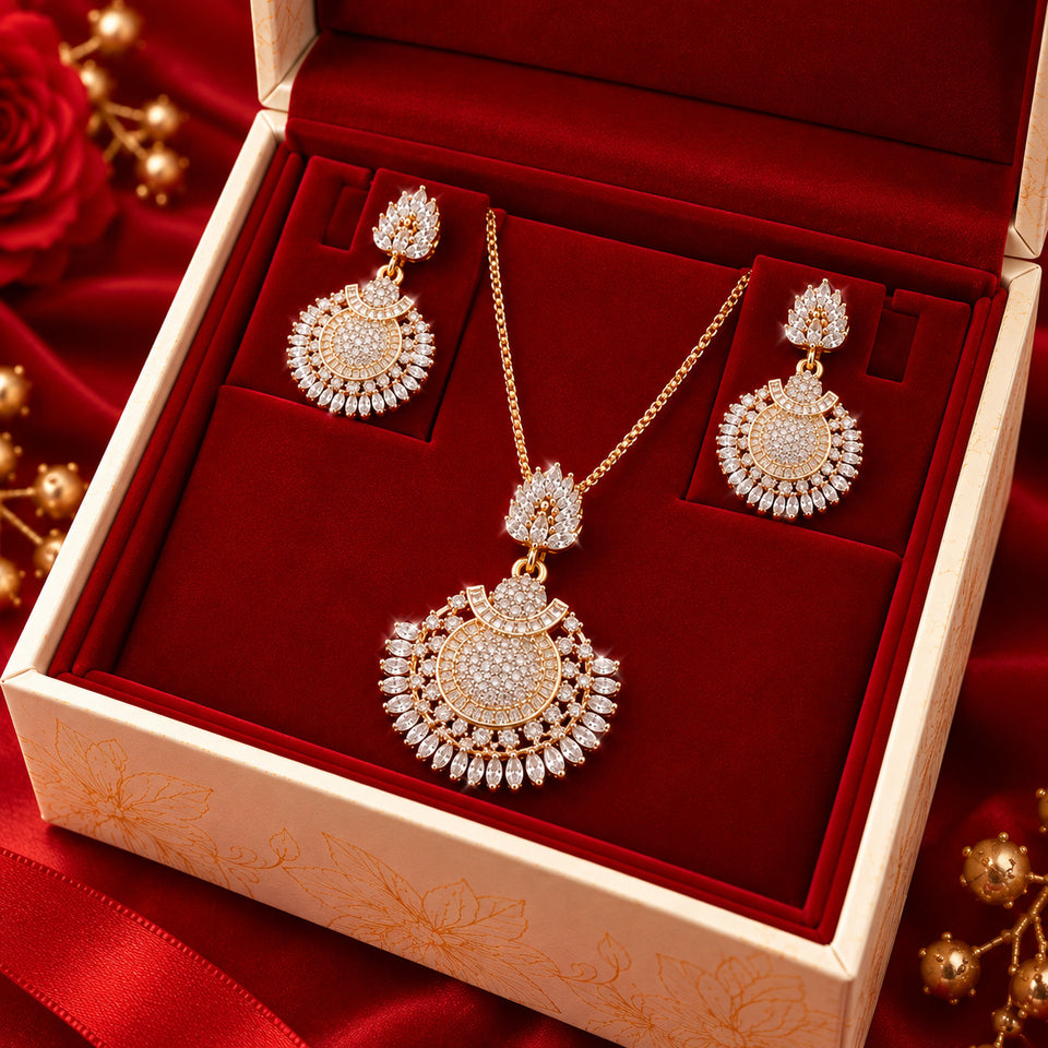 Elegant 2-Piece Gold-Plated American Diamond Pendant & Earrings Set