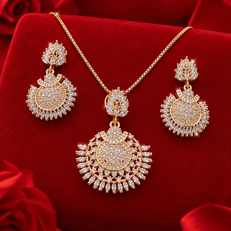 Elegant 2-Piece Gold-Plated American Diamond Pendant & Earrings Set