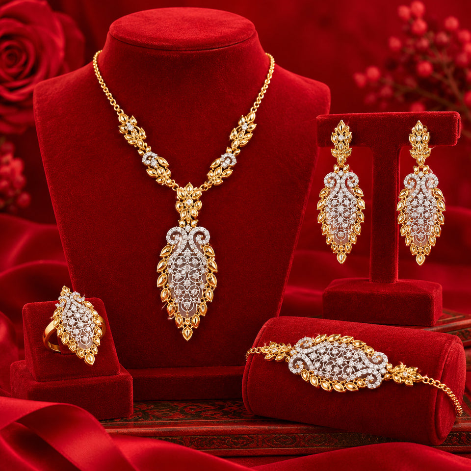 Elegant Gold-Plated Necklace, Earrings, Ring & Bracelet Combo Set